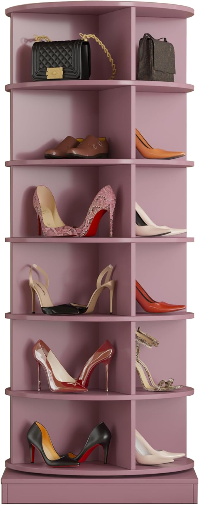 HomVent Rotating Shoe Rack, Wooden 6-Tier Spinning Shoe Rack Tower, Free Standing 360° Revolving Shoe Organizer Shoe Storage Shelf Can Hold Over 24 Pairs Shoes for Entryway Living Room (6-Tier, Pink)