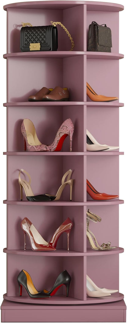 HomVent Rotating Shoe Rack, Wooden 6-Tier Spinning Shoe Rack Tower, Free Standing 360° Revolving Shoe Organizer Shoe Storage Shelf Can Hold Over 24 Pairs Shoes for Entryway Living Room (6-Tier, Pink)