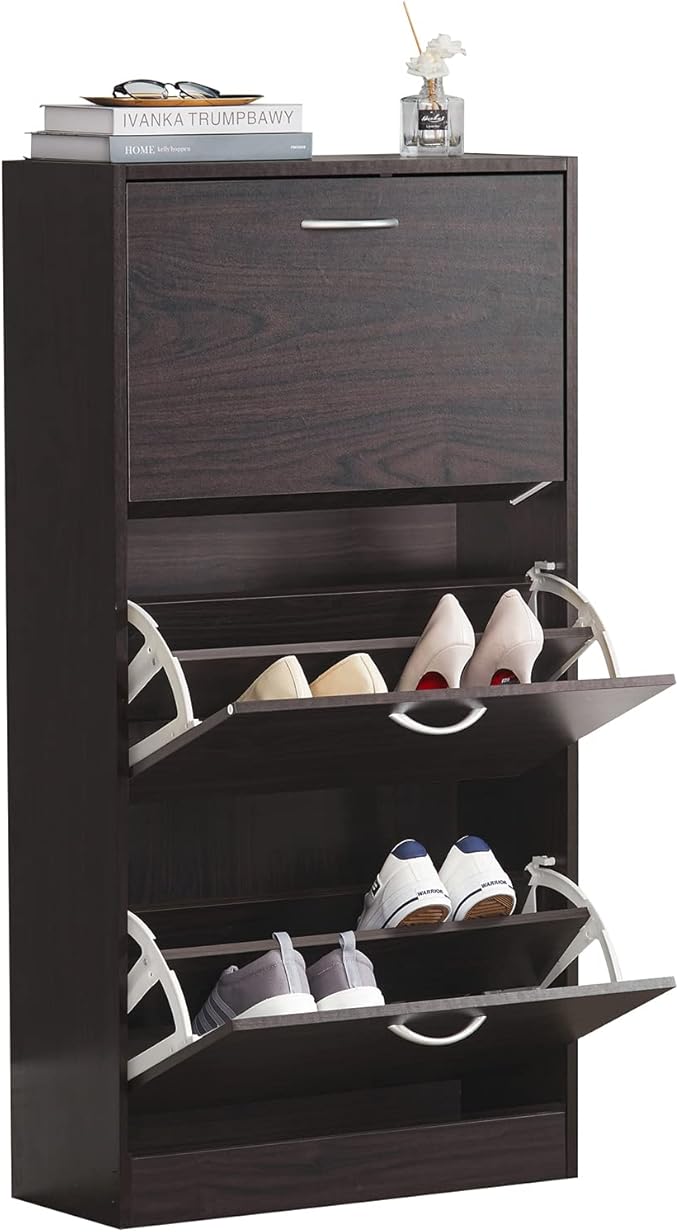 Haotian Shoe Cabinet for Entryway, Tall Freestanding Shoe Rack with 3 Flip-Drawers, Hidden Storage Shoe Organiazer Entrance Hallyway, Brown, FSR110-BR