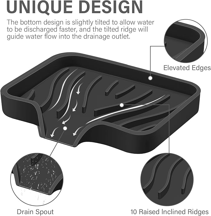Silicone Soap Dish with Drain, SAISN Kitchen Soap Tray for Shower 2 Pack Self Draining Soap Dish Soft Bathroom Soap Holder for Kitchen Sink Flexible Portable Soap Saver, Black