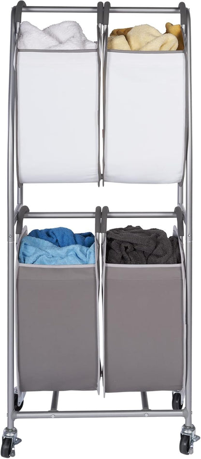 Neatfreak - 2 Tier Vertical Rolling Laundry Cart - Rolling Storage Cart On Wheels With 4 x Tote Hampers For Laundry, Towels, Blankets & Bathroom Organization - Quad Laundry Sorter