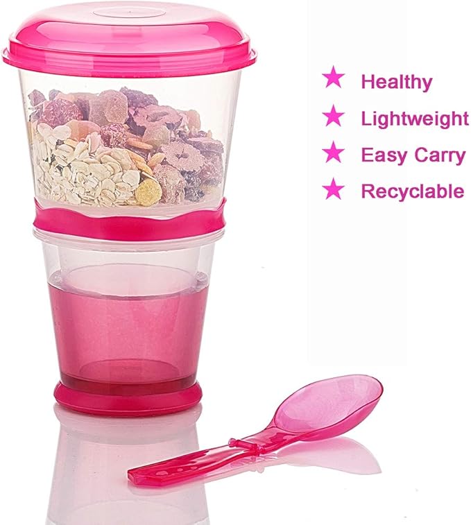 Cereal On the Go Cups Travel-To-Go-Food-Containers Storage with Spoon Breakfast Drink-Cups-Portable (Pink)