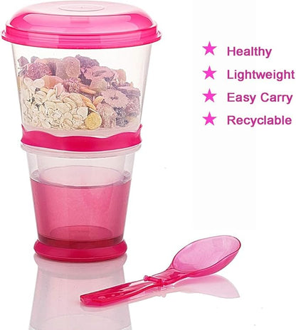 Cereal On the Go Cups Travel-To-Go-Food-Containers Storage with Spoon Breakfast Drink-Cups-Portable (Pink)