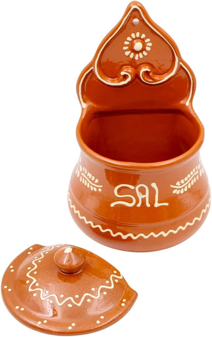 Portuguese Terracotta Salt Holder with Lid, Hand-Painted Sal Design – Food Safe, Wall-Mountable, Traditional Portuguese Kitchen Decor (Large)