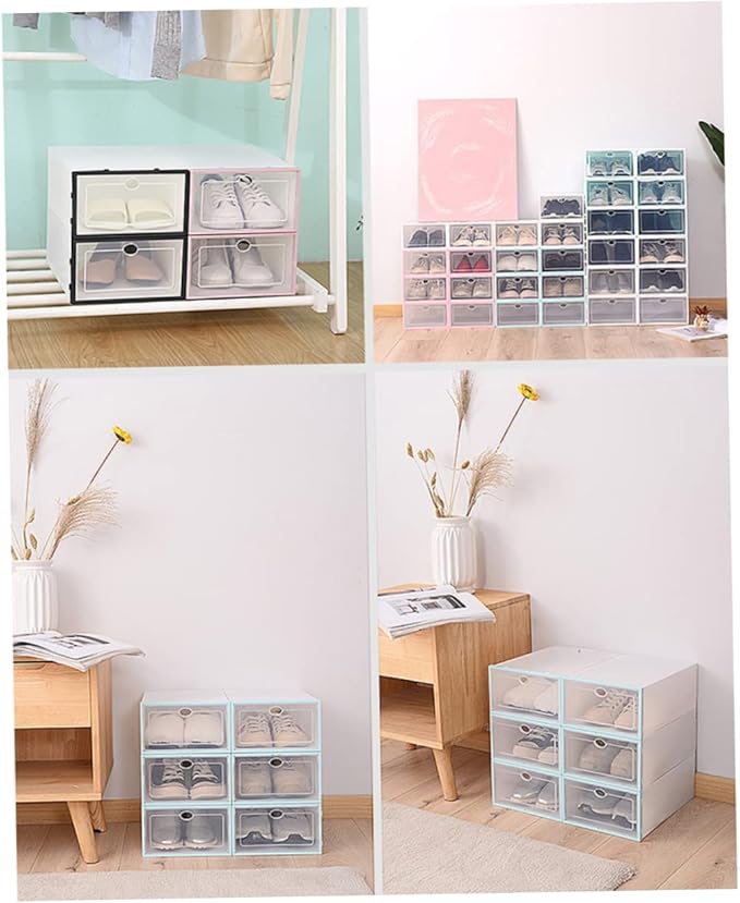 6pcs Stackable Shoes Storage Box Thickened Transparent Plastic Shoe Organizer for Men Space-saving Design for Closets and Dorm Rooms White