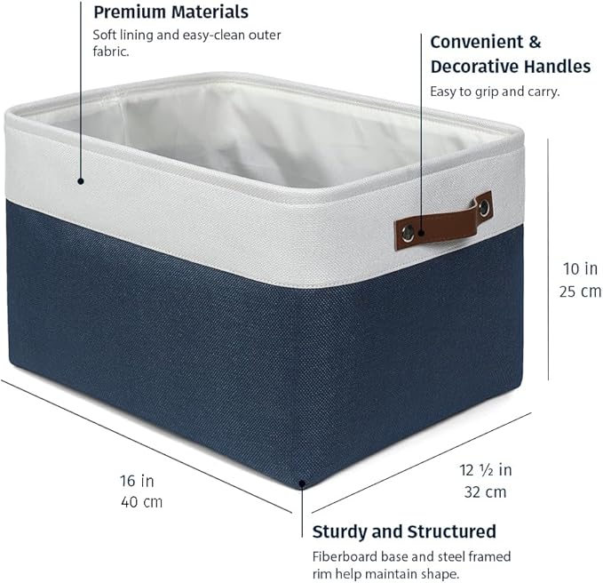 OrganiHaus 16x12.5in Canvas Storage Baskets 3 Pack | EXTRA LARGE Fabric Bins for Shelves | Linen Closet Organizer | Navy Blue/Off-White