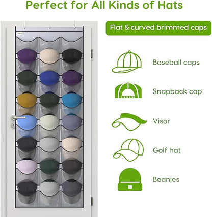 Baseball Hat Rack, 24 Pocket Over-The-Door Hat Organizer with Clear Deep Pockets to Display Baseball Caps Collection, Complete with 3 Over Door Hooks (Grey, 24 Pockets)