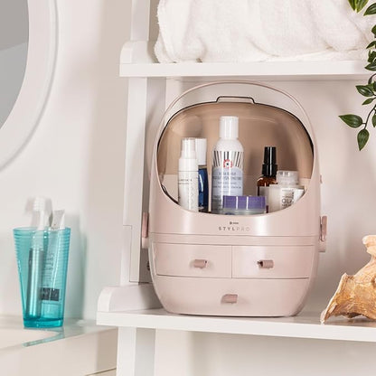 STYLPRO Beauty Storage Pod, Cosmetics & Skincare Organiser with 3 Drawers, Detachable Lid, Dustproof Cover & Travel Handle for Dresser, Bedroom, Bathroom & Home Organisation