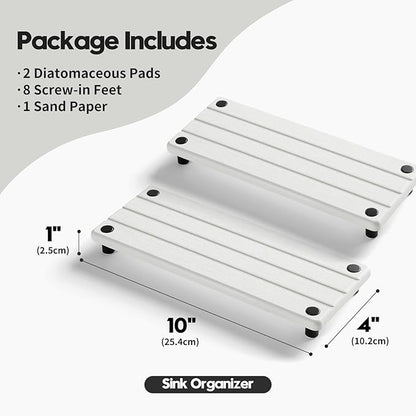 Razborci 2 Pack Fast Drying Water Absorbing Diatomite Stone Mat Tray for Kitchen & Bathroom Counter - Instant Dry Sink Caddy Organizer - Vanity Holder for Soap and Sponge – White 10" x 4"