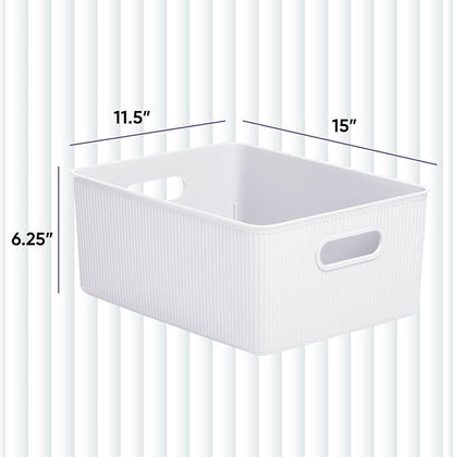 Decorative Plastic Basket Lidded Home Storage Bins Organizer Baskets, Large White (1 Pack - 15 Liter) Stackable Container Box, for Organizing Closet Storage Bins for Shelves - Ribbed Collection