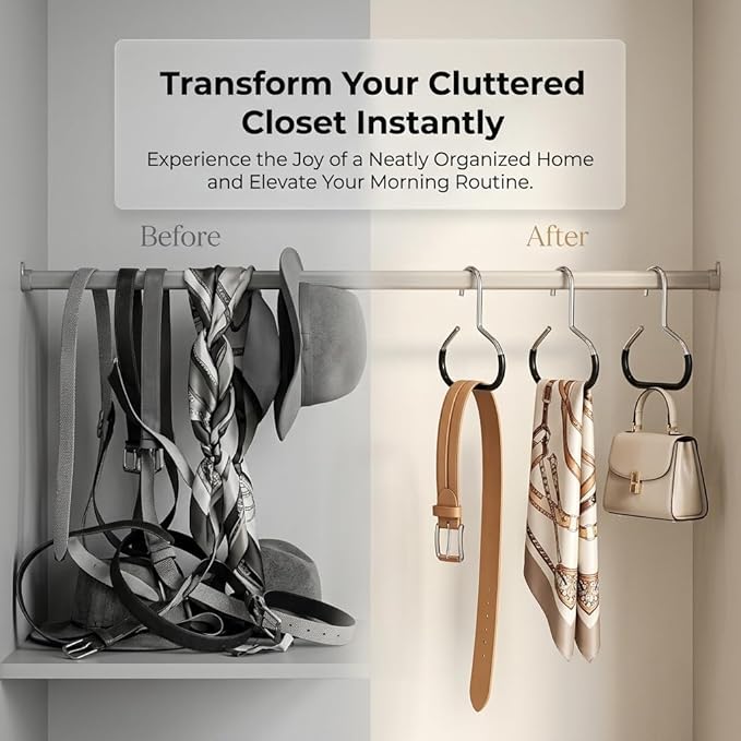 Scarf Hanger for Closet, Non-Slip PVC Coated Hat Organizer & Tie Rack, Arched Steel Hook Space Saving Hanger for Multiple Scarves, Belts, Hijabs and Accessories, Black 10 Pack