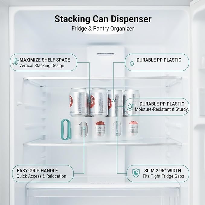 Stacking Can Dispenser, Vertical Soda Organizer Rack for Fridge & Pantry, Slim PP Plastic Storage