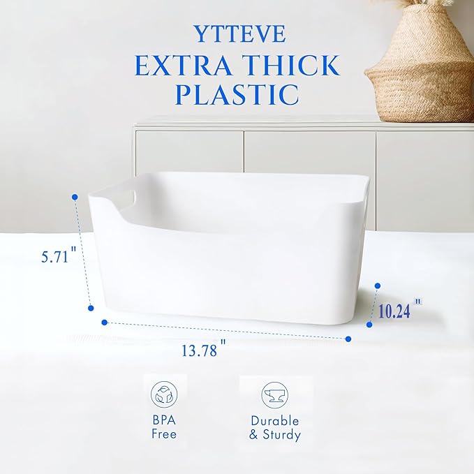 Ytteve 3 Pack Large Plastic Storage Bins with Handles, 13.7x10.2x5.7 Inch White Organizer Containers for Kitchen, Pantry, Closet, Bathroom, Office, Cabinet, Drawer, Snack, Toy & Makeup Organization