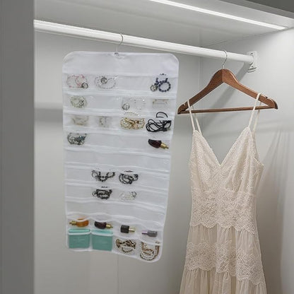 Hanging Jewelry Organizer Pockets Canvas Double Sided Rotating Hanger Necklace Hanging Wall Organizer Jewelry Roll for Earrings, Necklaces,Sunglasses,rings (80-Pocket WHITE)