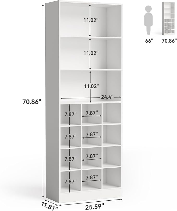 LITTLE TREE Tall Shoe Cabinet, Free Standing 24-Pair Organizer, 7-Tier Shelf + Side Hooks, Space-Saving Storage for Entryway, Hallway, for Shoes, Boots & Accessories, (2, White)