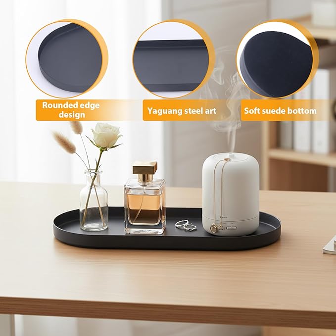 Bathroom Countertop Organizer, 11.8" x 5" Metal Bathroom Tray, Oval Decorative Tray Vanity Tray with Suede Bottom, Perfume Organizer & Jewelry Storage for Spa, Bedroom, Kitchen (Black)