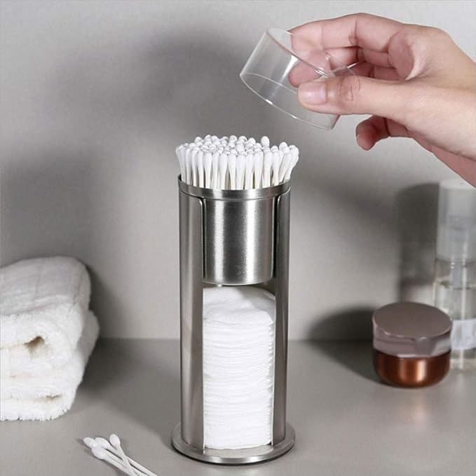 Buachois Cosmetic Cotton Pads Storage Rack,2 in 1Stainless Steel Cotton Swabs Holder Dispenser,Cotton Pads Swabs Organizer Box Cosmetic Cases Holder