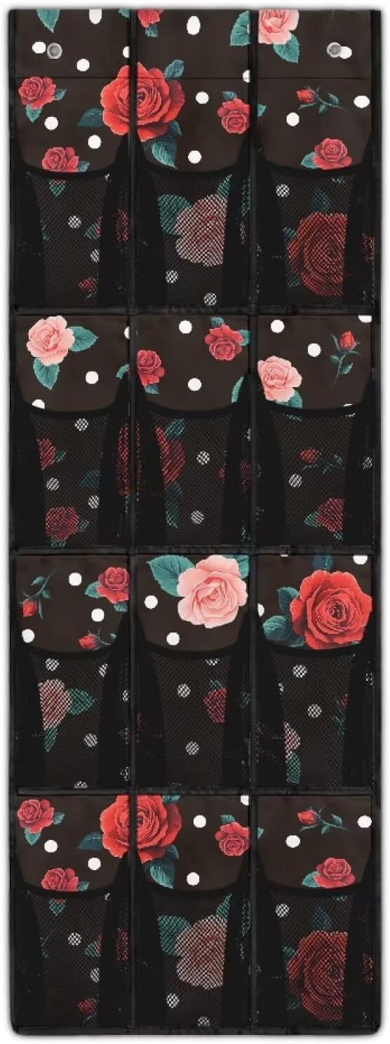 Rose Over the Door Shoe Organizer,Shoe Organizer Door Hanger with 12 Mesh Large Pockets,Space Saver,Unique Print