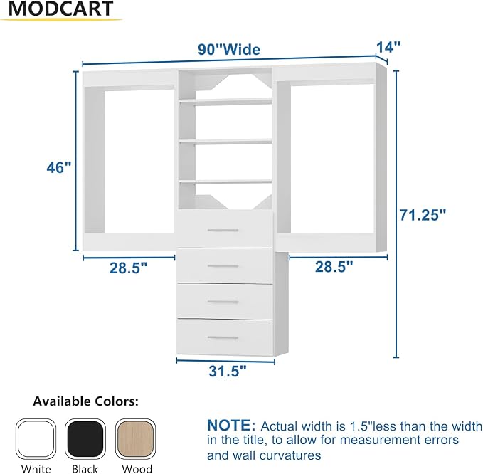 Modular Closet 90" Hanging & Drawers, Wooden Tower for Walk-In Closets, White Wall-Mounted Wardrobe Organizer