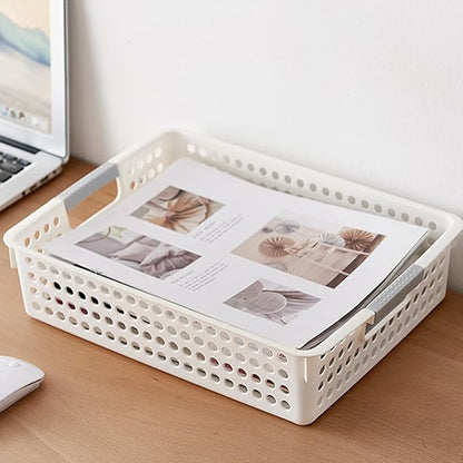 Bekith 4 Pack Plastic Storage Basket, A4 Size Plastic Storage Tray, Desktop File Organizer Baskets, 14 Inches x 10 Inches x 3.4 Inches, White