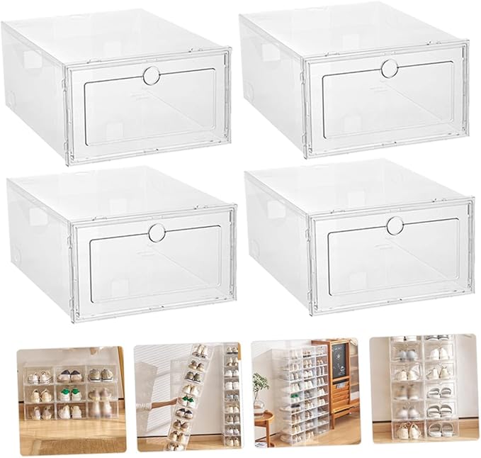4pcs Folding Storage Boxes Lids Stackable Shoe Organizers Shoe Storage Space-saver for Home