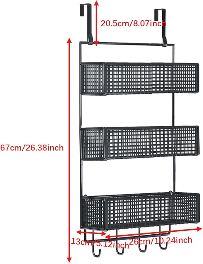 Over The Door Organizer Wall Mounted Shelf Large Capacity Seasoning Shelves Door Back Metal Wire Basket for Cabinet Bedroom, S Black