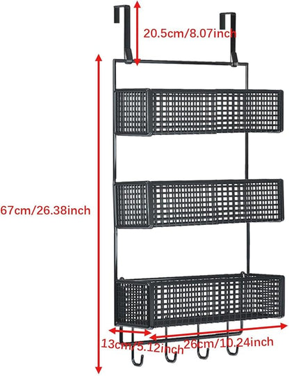 Over The Door Organizer Wall Mounted Shelf Large Capacity Seasoning Shelves Door Back Metal Wire Basket for Cabinet Bedroom, S Black