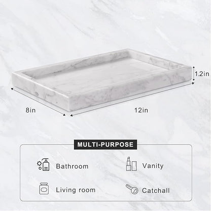 Marble Bathroom Tray for Countertop & Home Decor, Natural Decorative Marble Tray for Jewelry & Perfume Organizer, Luxury Stone Vanity Trays for Dresser, Kitchen Counter, 12" x 8", White