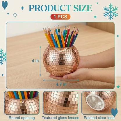 Glass Disco Ball Pen Holder with Smooth Grouting - Premium Mirror Mosaic Pencil Cup for Desk, Cute Makeup Brush Holder, Aesthetic Room Decor Gift (Rose gold)