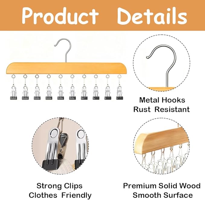4 Pack Hat Hangers for Closet Display, Wooden Hat Storage Organizer with 40 Metal Clips for Baseball Caps, Summer Hat Rack for Beanie, Skullies, Visors, Natural Wood Color
