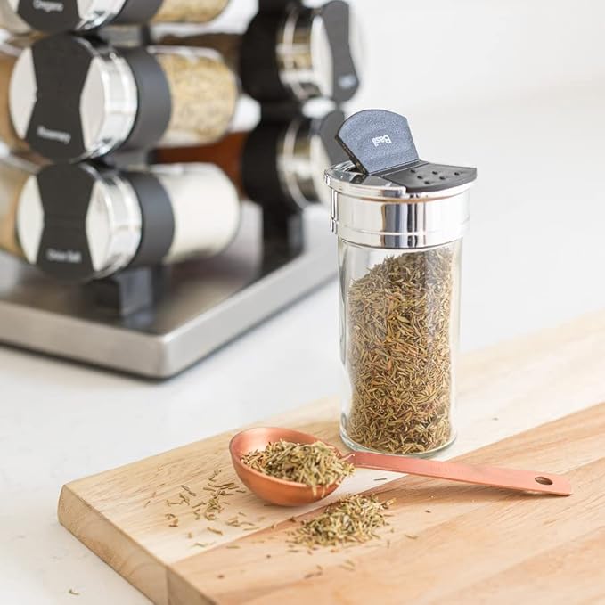 Orii 20 Jar Spice Rack with Spices Included & 5-Year Free Spice Refill Program - Tower Organizer for Kitchen Spices and Seasonings, (Silver Black)