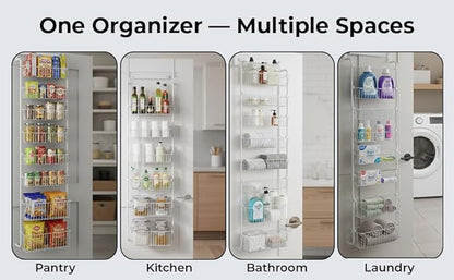 Over Door Organizer Storage - 8 Tier Black Metal Over the Door Pantry Organizer Heavy Duty Hanging Storage Rack, Behind Cabinet Shelves for Home, Kitchen, Bathroom, Closet, Pantry.