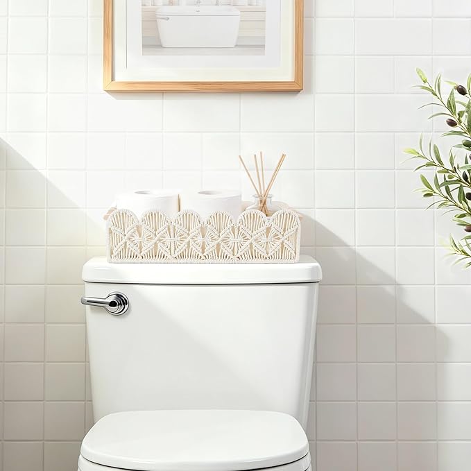 Mkono Macrame Storage Basket, Scalloped Edge Toilet Paper Basket Boho Woven Decor, Small Countertop Organizer with Handles for Shelf, Living Room, Bedroom, Home,Office, 1 Pack, Ivory