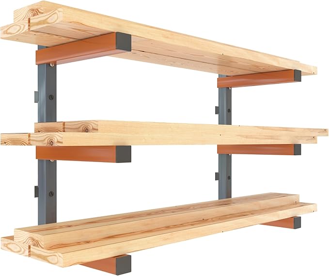 BORA 3-Level Wood Storage Rack, Wall-Mounted Hanging Shelf for Lumber, Garage Wall Storage, Space Saver for Workshop, Heavy Duty 300 lb Capacity, Metal Wood Rack System - PBR-0310, Orange/Black