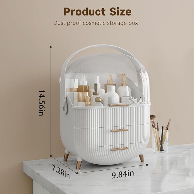 BTGGG Makeup Organizers, Make Up Organizer for Vanity, Countertop Cosmetic Storage with Drawers and Transparent Cover for Bedroom Bathroom, White