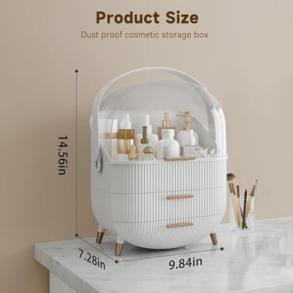 BTGGG Makeup Organizers, Make Up Organizer for Vanity, Countertop Cosmetic Storage with Drawers and Transparent Cover for Bedroom Bathroom, White