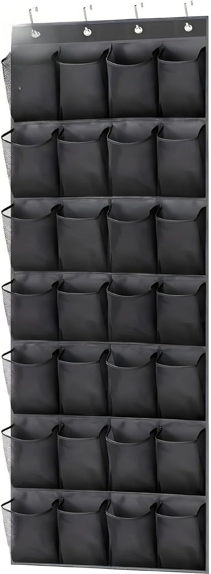1pc 14/28/40-Grid Transparent Fabric Hanging Organizer Foldable Storage Bag for Shoes Underwear (Black)