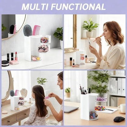 3-Layer Hair Accessories Organizer with Hair Brush Holder,Rotatable Makeup Brush Holder for Necklaces,Earring, Bracelet,Ring,Desktop Organizer Case for Cotton Swab(White)