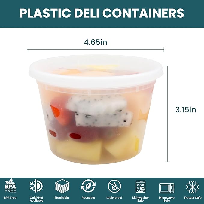 WGCC Deli Containers with Lids 16 oz - Disposable Soup Containers with Lids 48 Sets - Plastic Containers with Lid, Food Storage Containers with Lids, BPA Free/Microwave/Freezer/Dishwasher Safe