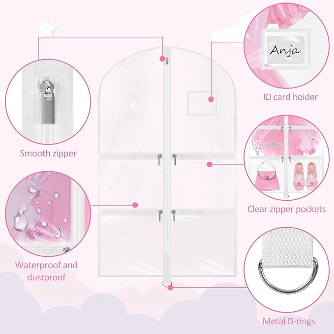 Garment Bags for Dance Costumes - 40 Inch Clear PVC with 5 Zipper Pockets (White) - Kids Dance Garment Bag for Dancers, Hanging Clothes Storage, Competitions & Travel