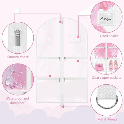 Garment Bags for Dance Costumes - 40 Inch Clear PVC with 5 Zipper Pockets (White) - Kids Dance Garment Bag for Dancers, Hanging Clothes Storage, Competitions & Travel