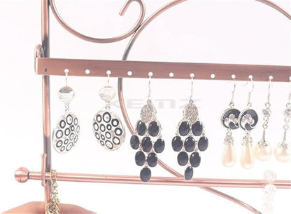 Wall Hanging Jewelry Organizer Holder, 28 Hooks Wall Mounted Storage Shelf, Heart Shape Earrings Necklace Display, Bracelet Key Chain Bangle Metal Hanger Rack – Gift for Ladies Women (Brown)