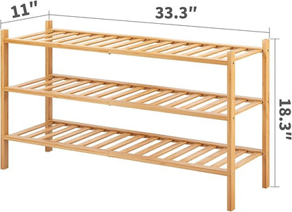 Long Shoe Rack, 3-Tier Bamboo Stackable Shoe Shelf Storage Organizer, Shoe Stand for Closet, Entryway and Hallway