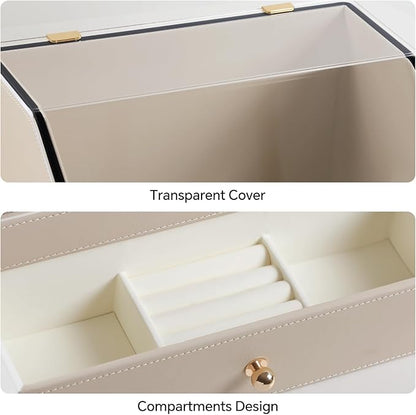 Leather Makeup Organizer & Skincare Storage Rack - Cosmetic Display Case with Dustproof Transparent Cover, Drawer Jewelry Storage, for Bedroom Vanity, Perfume & Lipstick Organizer (Beige)