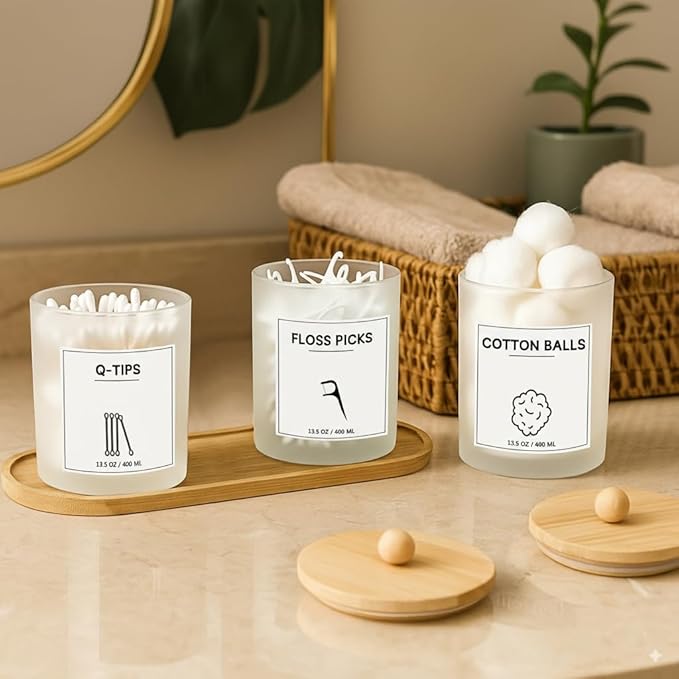 3Pack Glass Qtip Holder with Bamboo Tray, Cotton Ball Holder, 13.5 oz Apothecary Jars Bathroom Canisters with Lids, Bathroom Jars for Floss Picks, Cotton Swabs, Balls, Pads (Frosted)