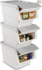 Giantex Plastic Stackable Storage Bins with Lids & Wheels, 3 Pack Open Front Stacking Bins, Organizer Bins for Pantry, Kitchen, Laundry, Closet, Playroom, Bedroom Organization (35 QT)