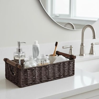 CubesLand Wicker Toilet Storage Basket Tray Organizer W/Cut Out Handle, Slim Decorative Basket for Countertop, Shelves And for Versatile Home Decor, Living Room, Nursery Organization, Brown