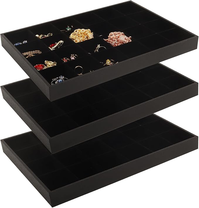 Rocutus Jewelry Organizer Tray,3 Pack Velvet 24 Grid Earring Holder Stackable Jewelry Tray Ring Storage Organizer, Velvet Jewelry Box, Gray, 14x10 - Necklace & Dresser Storage