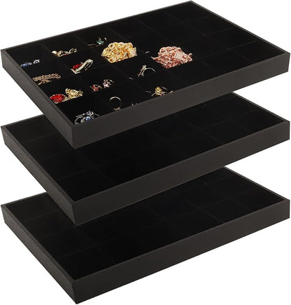 Rocutus Jewelry Organizer Tray,3 Pack Velvet 24 Grid Earring Holder Stackable Jewelry Tray Ring Storage Organizer, Velvet Jewelry Box, Gray, 14x10 - Necklace & Dresser Storage