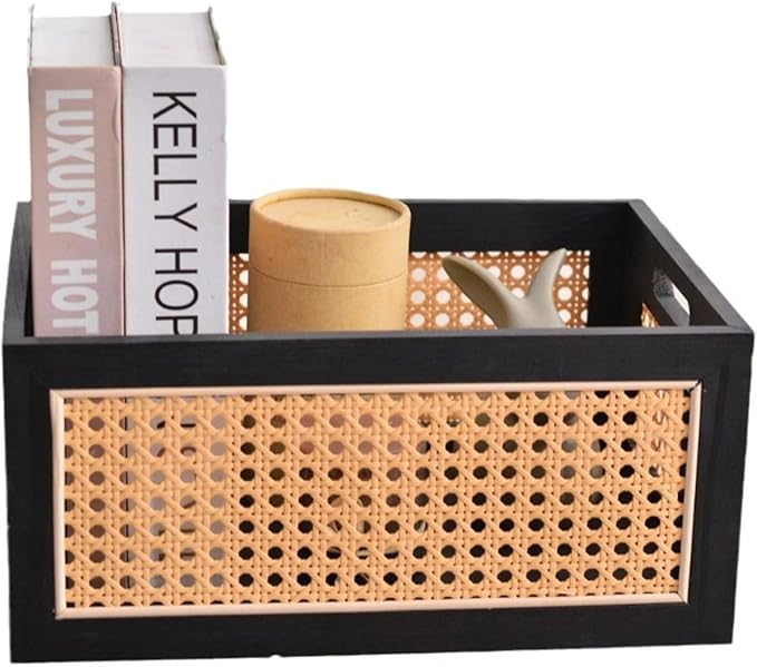 Storage Basket, Wooden Bamboo Weaving Storage Basket Hand-Woven Desktop Storage Bins for Toys, Snacks, Office/Home Supplies, Cosmetics, etc. (S)